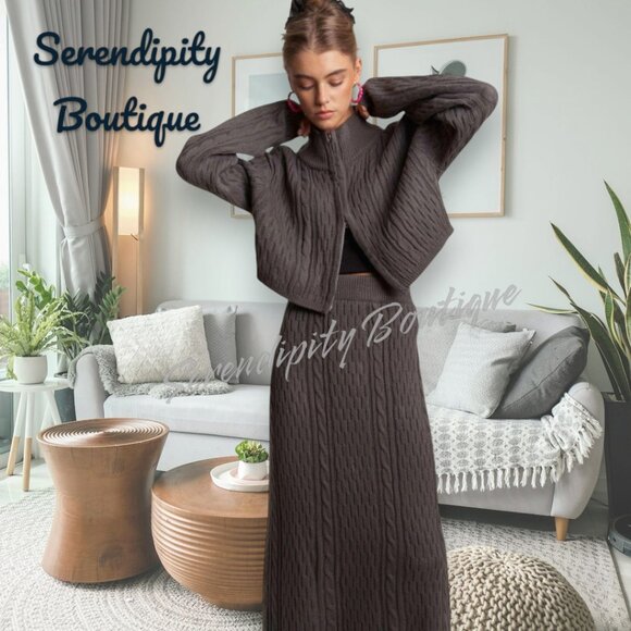 Chic High Neck Long Sleeve Zip Up Jacket Maxi Skirt...